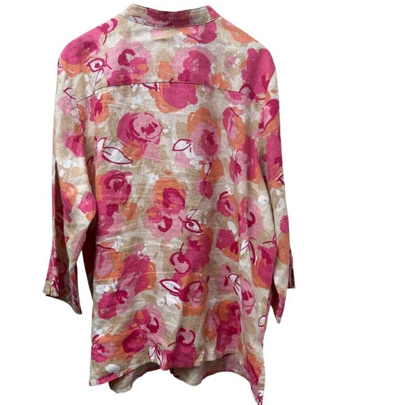 JM Collection 100% Linen Top Plus Size 20W Pink Floral 3/4 Sleeve Tunic Buttonup - Picture 3 of 8